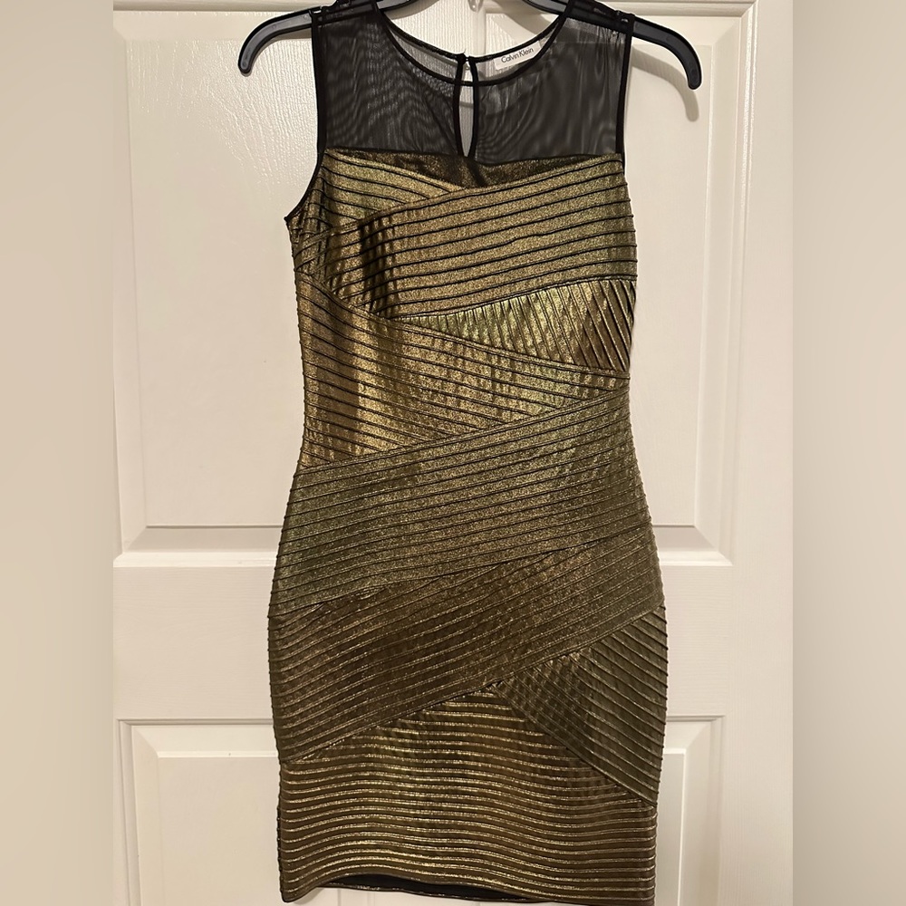 Calvin Klein Gold and Black Sheer-Top Bodycon Dress